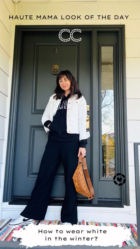 From my Instagram haute mama look of the day and stylist tip - how to wear a white in the winter.

Try a white Jean jacket like this. I am wearing mine with my favorite track pants (size down for the best fit in the pants) Gap hoodie, and white sneakers. 
