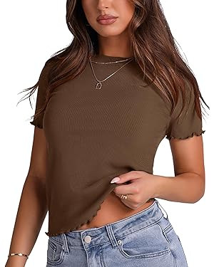LOMON Women's Crew Neck Short Sleeves T Shirts Ribbed Fitted Summer Basic Tees Lettuce Trim Going... | Amazon (US)