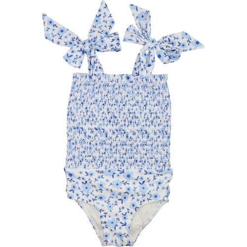 Navy And Blue Flower Print Smocked Lycra Swimsuit | Cecil and Lou