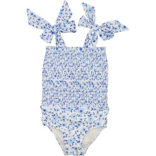 Navy And Blue Flower Print Smocked Lycra Swimsuit | Cecil and Lou