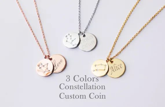 Constellation Initial Necklace, 2 Coins Necklace, Coin Name Necklace, Engraved Necklace,Custom Ne... | Etsy (US)