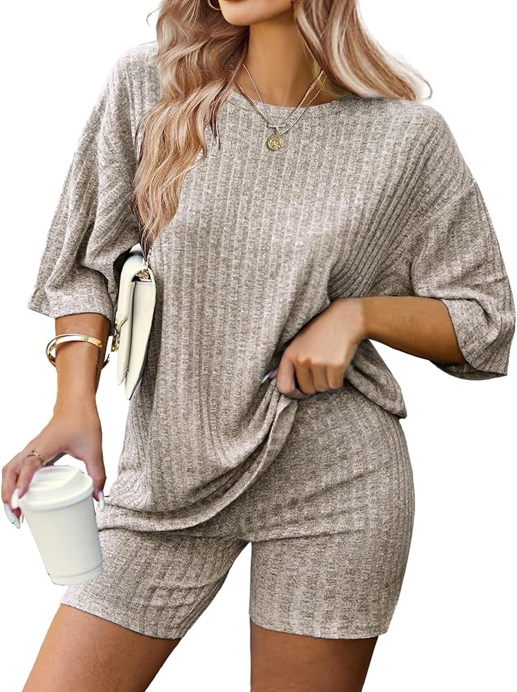 IN'VOLAND Women's Plus Size 2 Piece Outfits Ribbed Knit Matching Outfits T-shirt Biker Shorts Set... | Amazon (US)