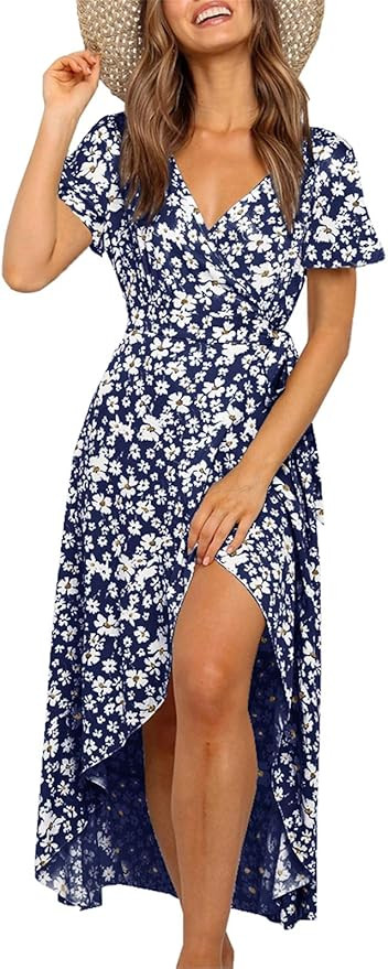 Imysty Womens Boho Floral Printed V Neck Wrap Dresses Short Sleeve Casual Beach Maxi Long Dress | Amazon (US)