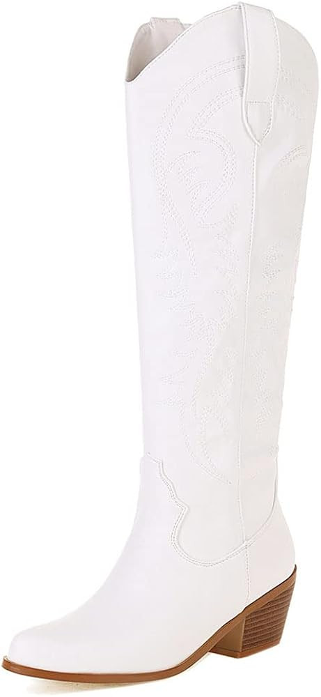 Erocalli Cowboy Boots for Women Embroidered Pull-On Chunky Stacked Heel Cowgirl Knee High Western Bo | Amazon (US)