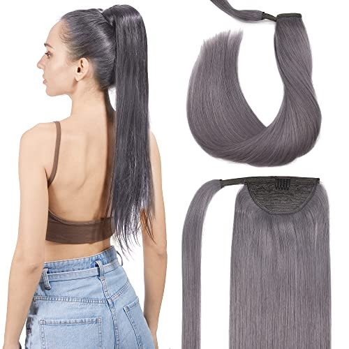 GOO GOO Ponytail Human Hair Extensions Smoky Grey 18 Inch Hair Straight Real Hair Piece | Amazon (US)