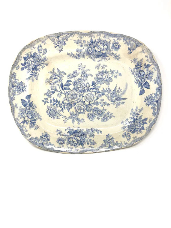 Antique blue transferware asiatic pheasant and butterfly chinoiserie 17 inch large meat platter, ... | Etsy (US)