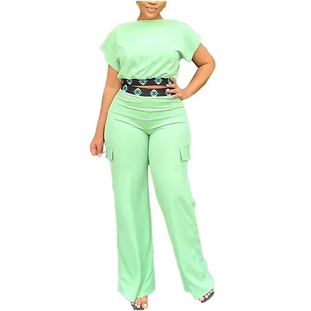 Vacation Outfits Beach Outfits for Women Clothing Set Female Round Neck Short Sleeve Tops Pants Sets Full Pant Style S_575 Women's Tracksuits Green S | Walmart (US)