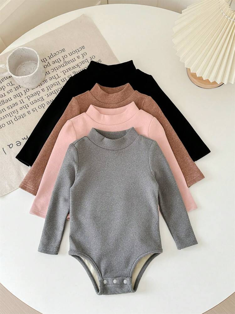 SHEIN LMoss Kids LMoss Baby Girl 4pcs/Set Newborn Baby Girl Cute Knit Solid Color Mock Neck Long Sleeve Romper, Suitable For Autumn & Winter | SHEIN