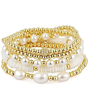 jollone Gold Beaded Bracelets for Women Stackable Gold Bracelets for Women 14K Gold Plated Stretc... | Amazon (US)
