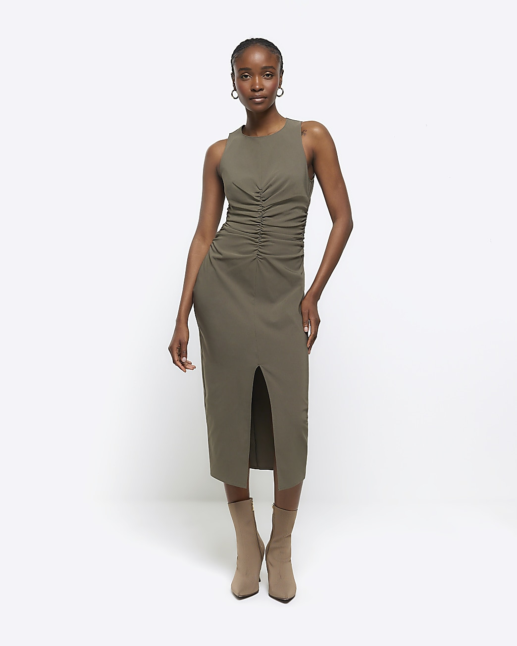 Khaki ruched split bodycon midi dress | River Island (UK & IE)