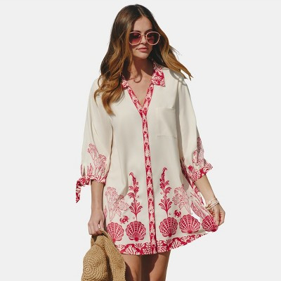 Cupshe Women's Vacationing Tropical Print Mini Shirt Dress-S-White | Target
