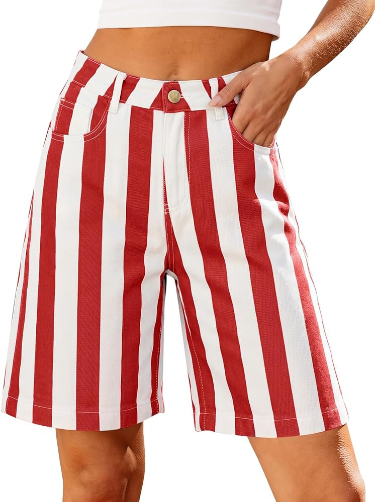 Tankaneo Womens Striped Bermuda Jean Shorts Summer Casual Trendy High Waisted Wide Leg Denim Jort... | Amazon (US)