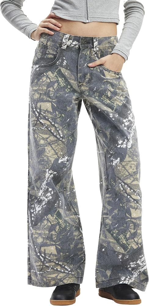 Women Camo Jeans Wide Leg Denim Pants Mid Waist Baggy Jeans Trousers | Amazon (US)