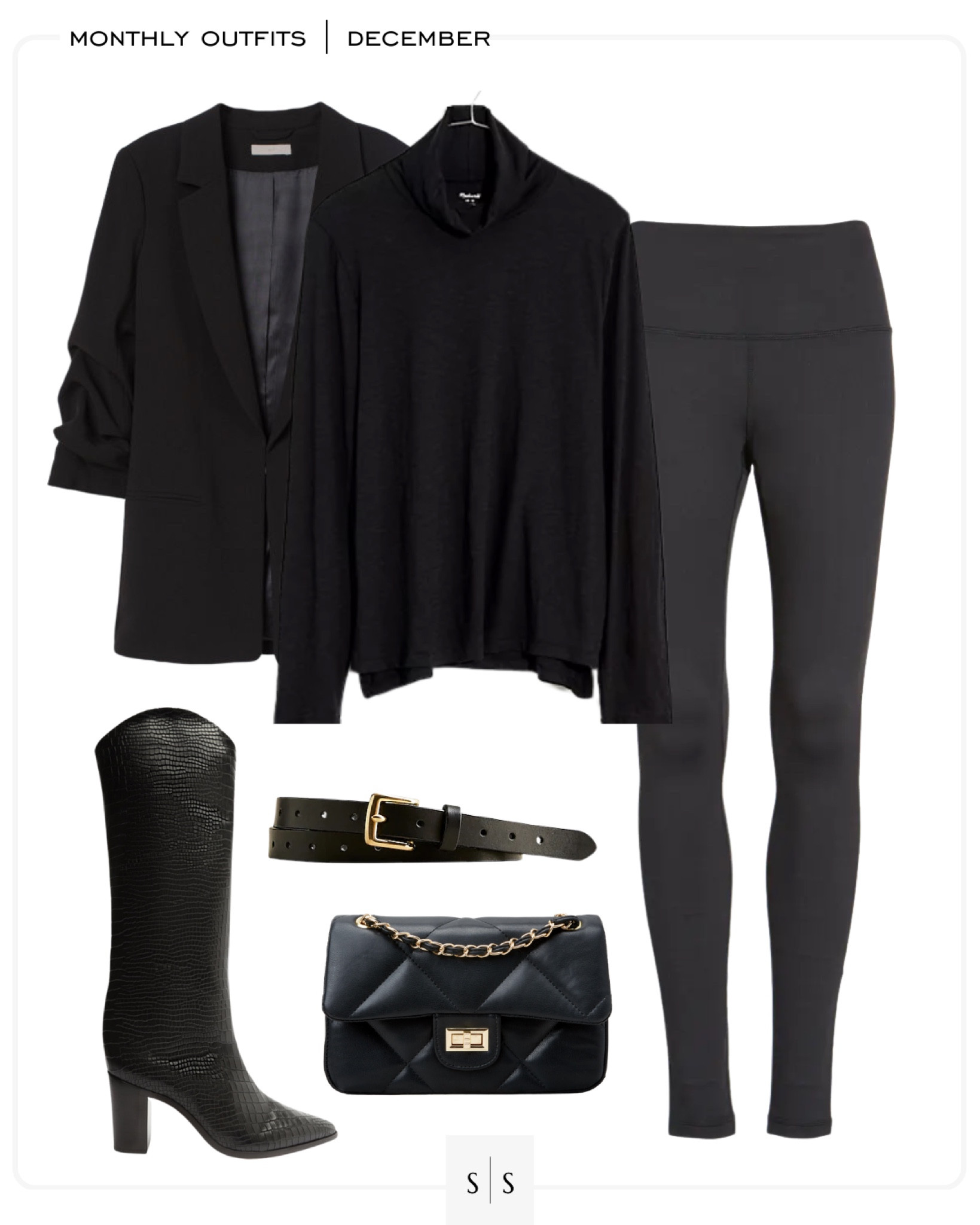 Monthly outfit planner : DECEMBER looks | #blazer #monochromeoutfit #turtlenecktee #leggings #kneehighboot #westernboot #holidaystyle #winteroutfit | See entire calendar on thesarahstories.com ✨ 

#LTKstyletip