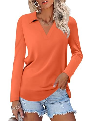 ORANDESIGNE Women's Long Sleeve Polo Shirts Casual Color Block V Neck Tops Fall Collar Ladies Tunics Tees A-orange | Amazon (US)