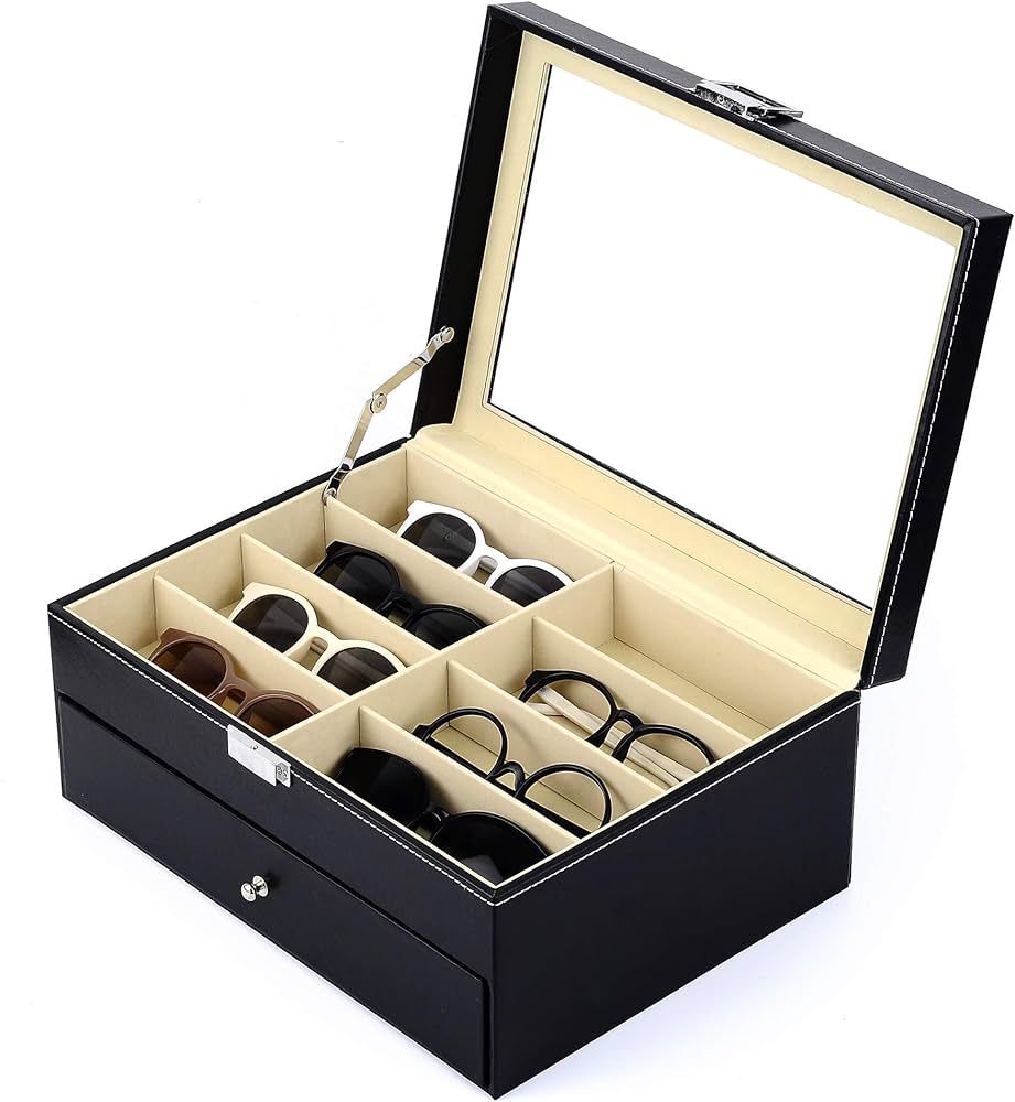 Siveit 16 Slot Sunglass Organizer Leather Eyeglasses Collector Eyewear Display Case Storage Box, ... | Amazon (US)