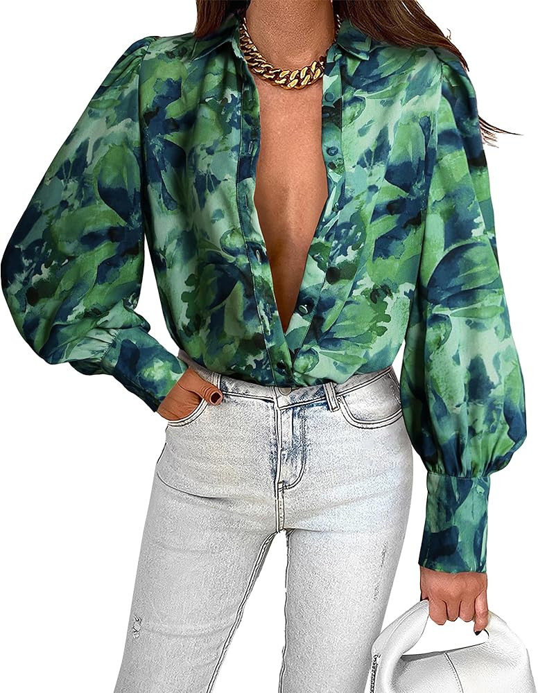 BTFBM Women Fashion Button Down Shirts Lapel V Neck Printed Boho Long Sleeve Blouses Dressy Casua... | Amazon (US)