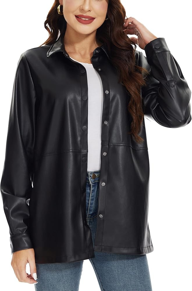 Fahsyee Women Faux Leather Shacket Moto Biker Shirts Loose Fit Blazer Long Sleeves Button Casual ... | Amazon (US)