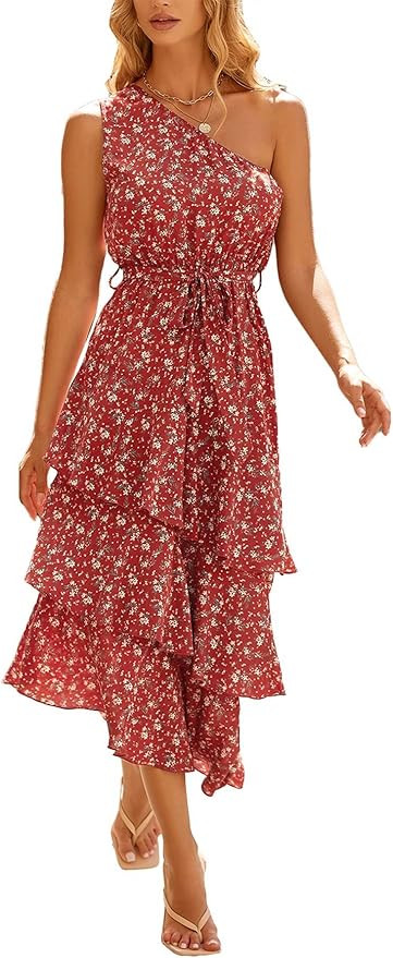 PRETTYGARDEN Women's Summer Floral Sundress Casual One Shoulder Tiered Ruffle Flowy Midi Beach Bo... | Amazon (US)