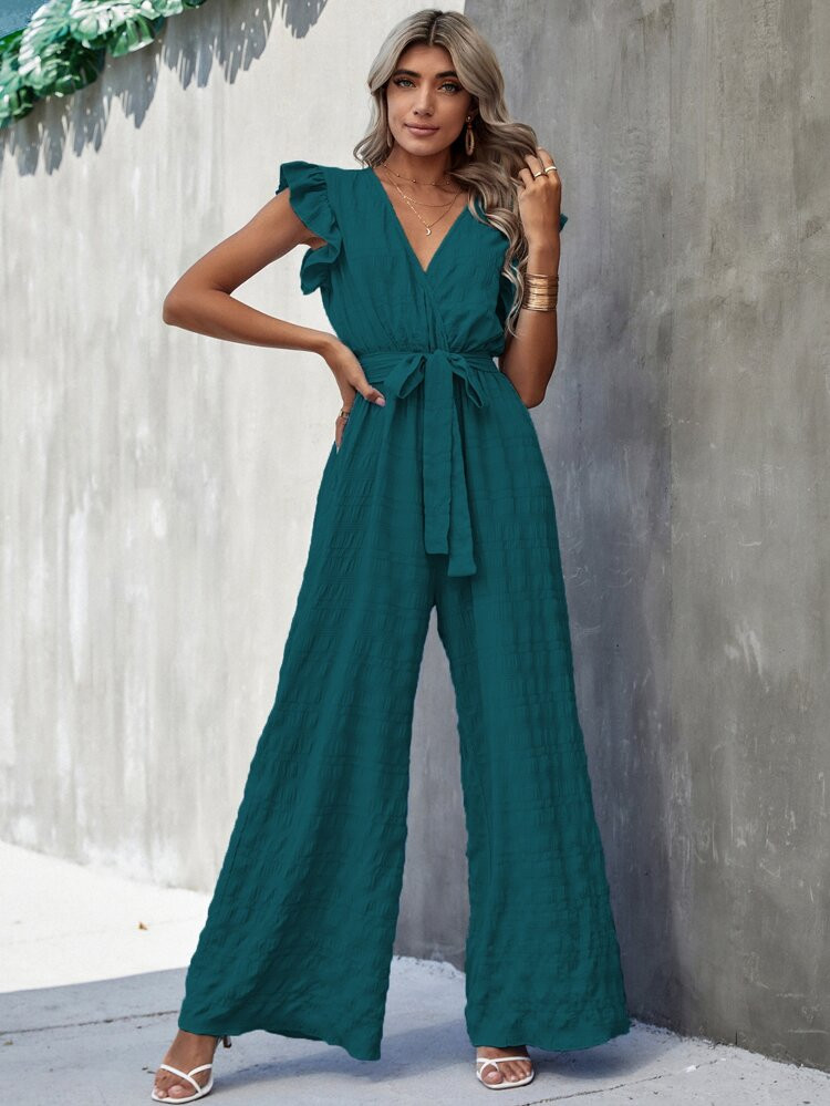 Surplice Neck Ruffle Belted Wide Leg Jumpsuit | SHEIN