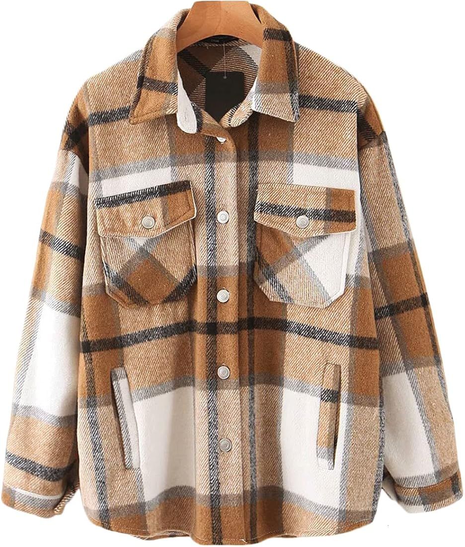 Fenclushy Womens Plaid Wool Blend Button Down Long Sleeve Flannel Shirt Jacket Shackets | Amazon (US)