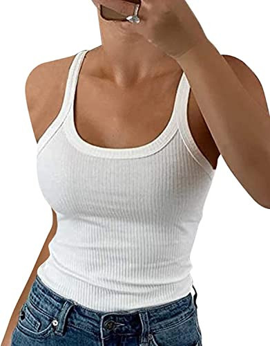 GEMBERA Women Spaghetti Strap Scoop Neck Ribbed Tank Tops Slim Fitted Cotton Camisole Basic Sleeveless Layering Shirts(3227 White XS) | Amazon (US)