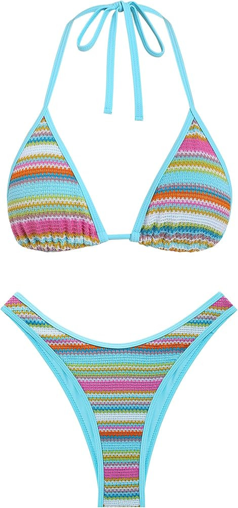 seamoly Women's Bikini Sets Halter Neck Crochet Colorblock Two Piece Swimsuits Open Back Sexy Hig... | Amazon (US)