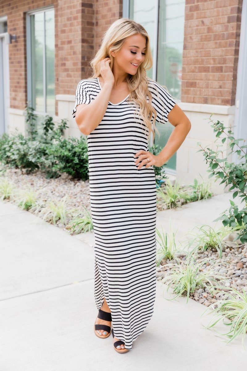 Set Yourself Free White/Black Striped Maxi Dress | The Pink Lily Boutique