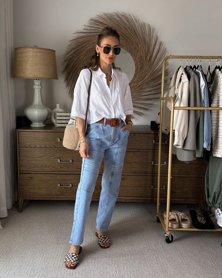 These Cargo jeans are so flattering and slimmer than others out there so easy to dress it up a bit! Wearing with this summer must-have cropped linen shirt xs and brown shoes/accessories 

#LTKstyletip #LTKitbag #LTKshoecrush