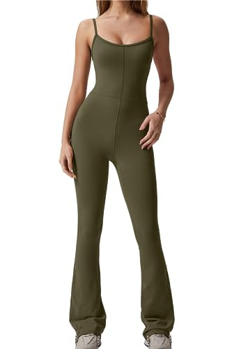 QINSEN Womens Sleeveless Jumpsuit Slim Fit High Waist Tummy Control Wide Leg Bodysuit Romper Army Green M | Amazon (US)
