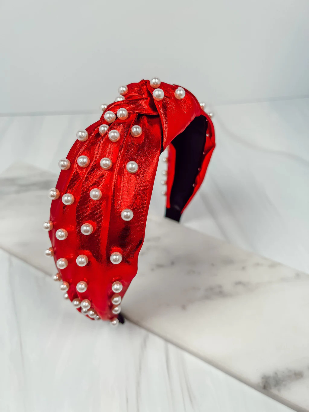 Abbie Red Pearl Studded Headband | Caroline Hill