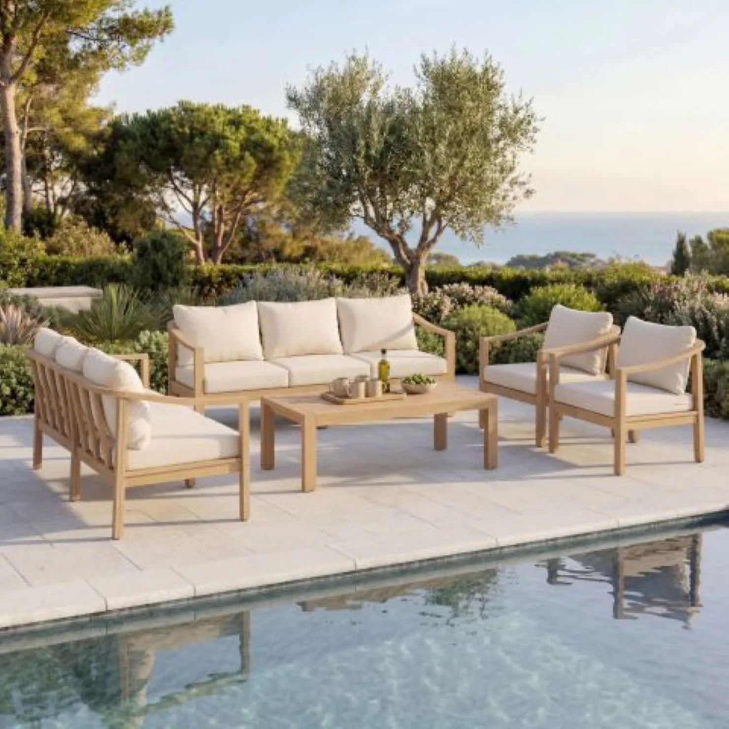 Christopher Knight Home Elva 5-Piece Outdoor Acacia Wood Patio Conversation Set with Slatted Coffee Table and Removable Cushions - Light Teak | Lowe's