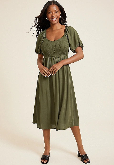 Sweetheart Neck Puff Sleeve Midi Dress | Maurices