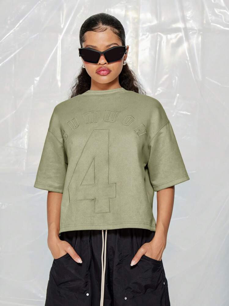 SUMWON WOMEN St Patricks Day Oversized Sage Green Sporty Varsity Number 4 Graphic Short Sleeve Crop Top Lucky Irish Athletic Streetwear For Festive Celebrations | SHEIN