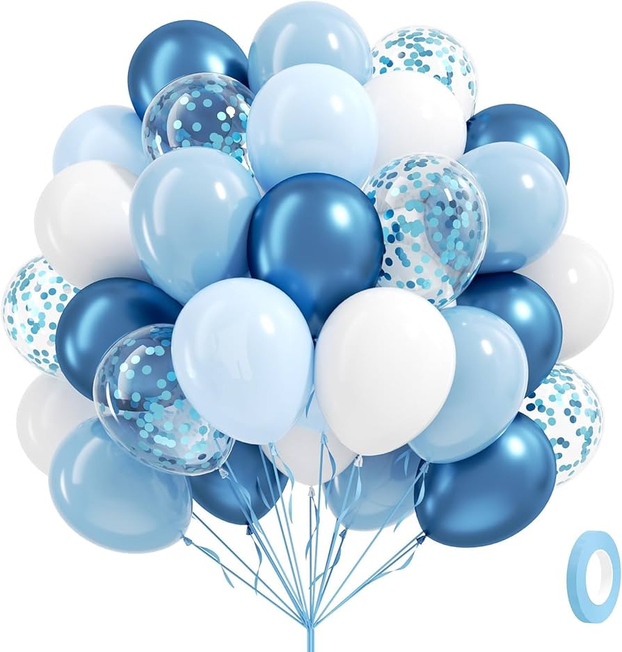60pcs Blue and White Balloons 12inch with Pastel Pearl Light Blue Confetti White Balloons for Bri... | Amazon (US)