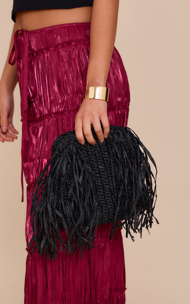 Black Slouchy Raffia Fringe Clutch | PrettyLittleThing US