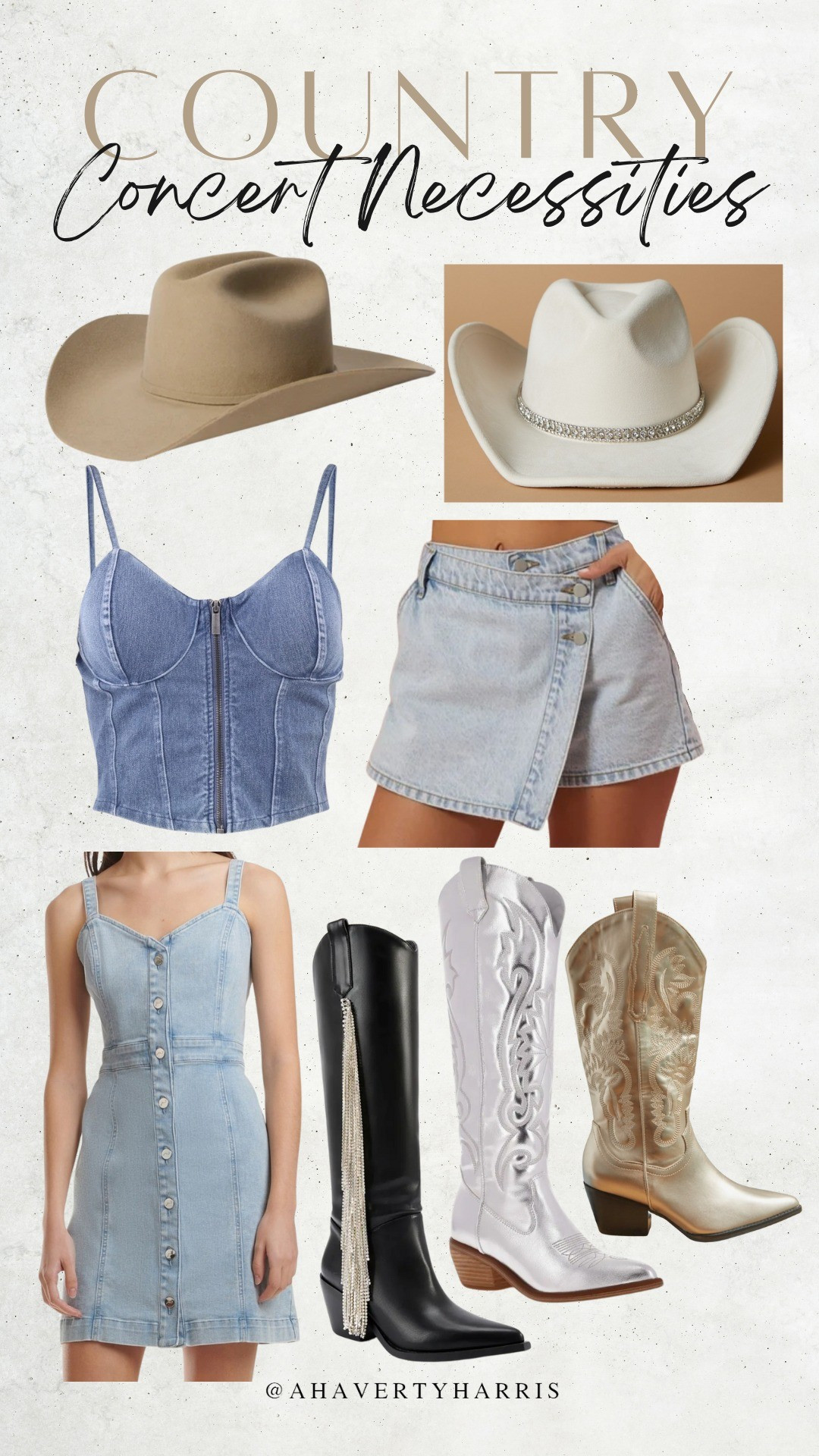 Country Concert Outfit necessities - denim skort, denim dress,  denim top, western boots,  cowboy boots,  cowboy hat, western hat,  country concert

#LTKSummerSales #LTKxNSale #LTKSeasonal