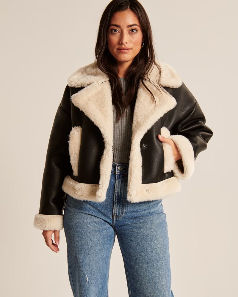 Oversized Short Sherpa-Lined Vegan Leather Coat | Abercrombie & Fitch (US)