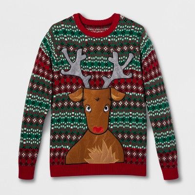 33 Degrees Men's Ugly Christmas Reindeer Beverage Holder Long Sleeve Pullover Sweater - Green | Target