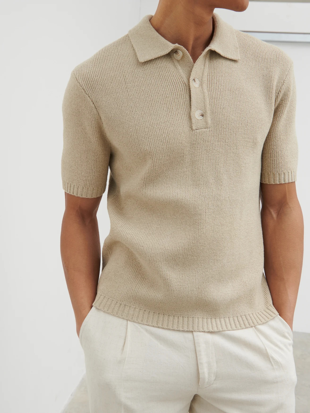 Ollie Textured Knit Button Polo - Stone | NOBL
