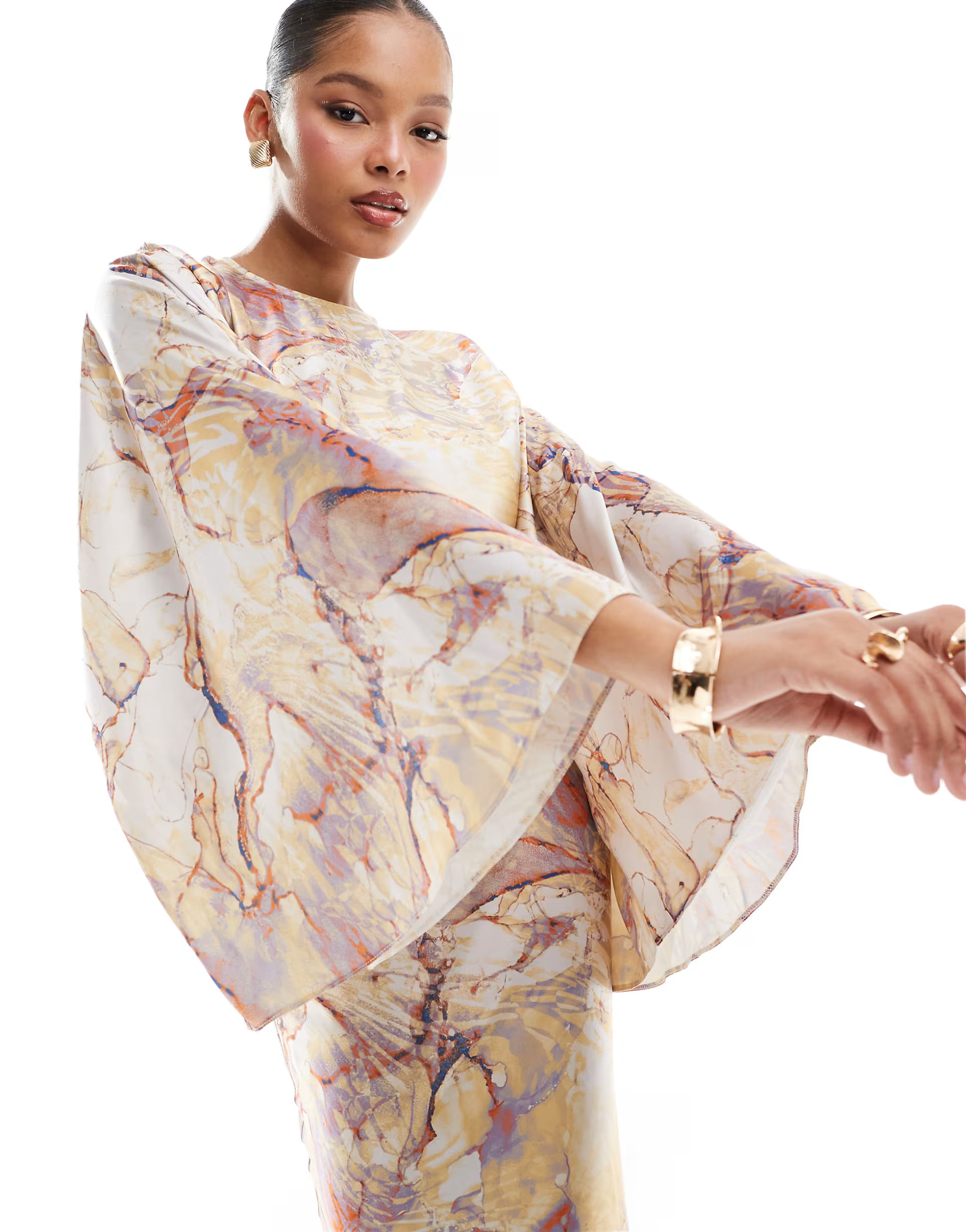 ASOS DESIGN satin batwing bias waisted maxi dress in watercolour print | ASOS (Global)