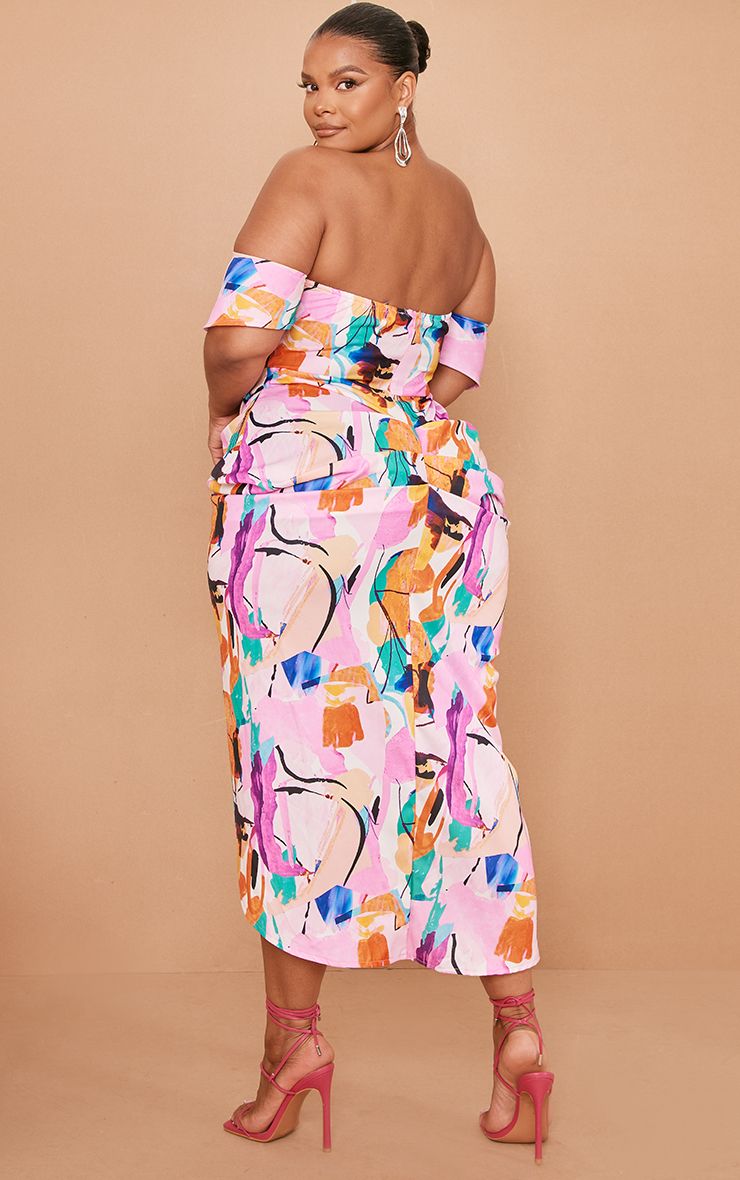 Plus Multi Bardot Ruched Side Midi Dress | PrettyLittleThing US