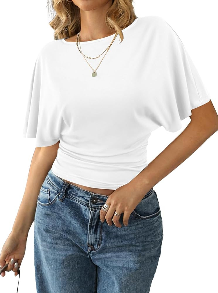 Remidoo Women's Cinched Waisted Tops Batwing Short Sleeve Tee Ruched T Shirt | Amazon (US)