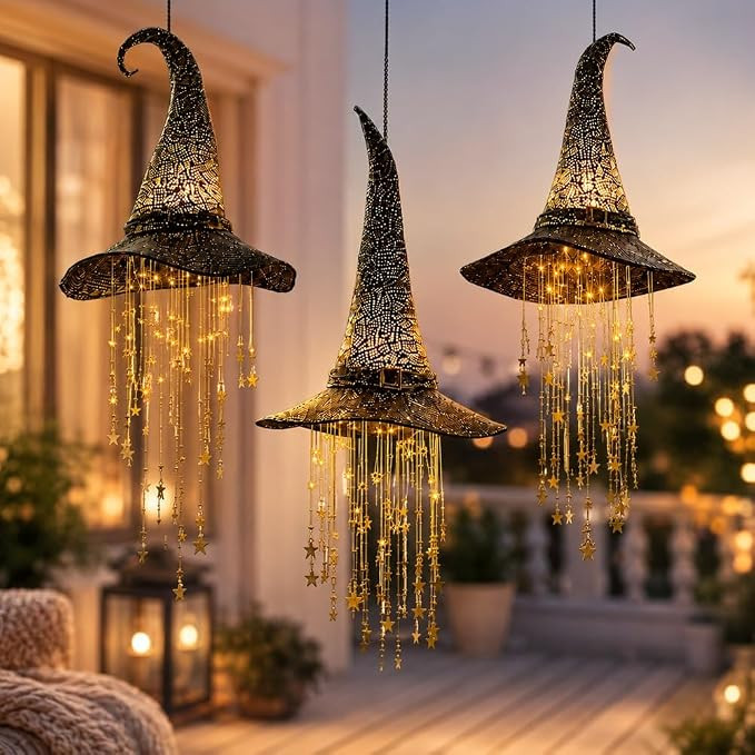 Lighted Witch Hat Hanging Chime, Halloween Outdoor Ornament, Glowing Mesh Cascading Stars, Black ... | Amazon (US)