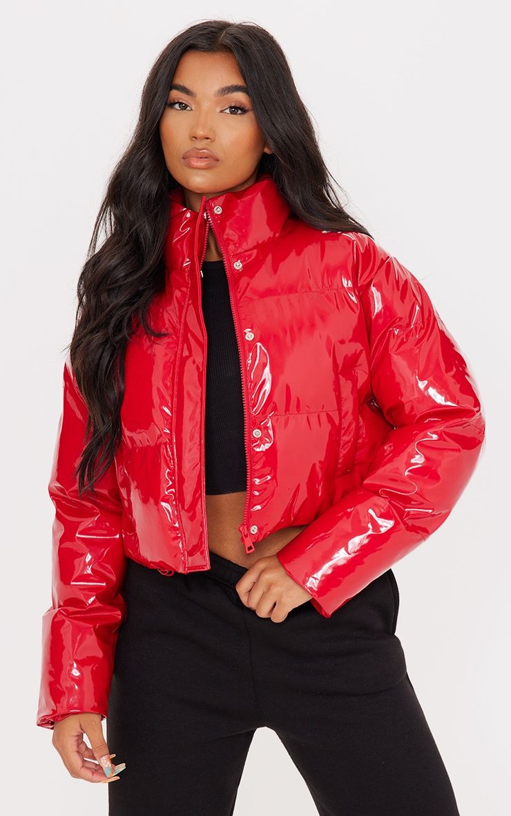 Red Vinyl Bubble Puffer Jacket | PrettyLittleThing US