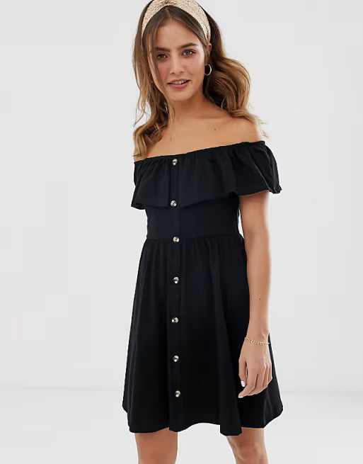 ASOS DESIGN off shoulder button through sundress in black | ASOS (Global)