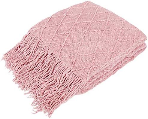 PAVILIA Knitted Throw Blanket Fringe Blush Light Pink | Decorative Tassel Boho Farmhouse Decor Co... | Amazon (US)