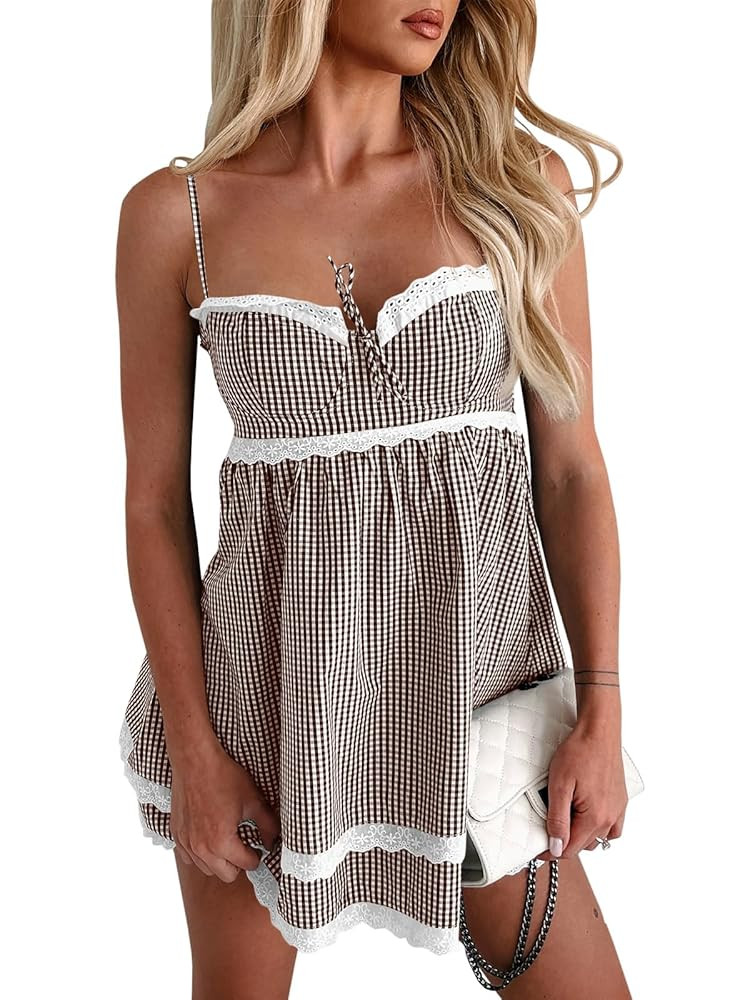 Wenrine Womens Summer Mini Dress Spaghetti Strap Sweetheart Y2K Plaid Lace Trim Tiered Beach Sund... | Amazon (US)