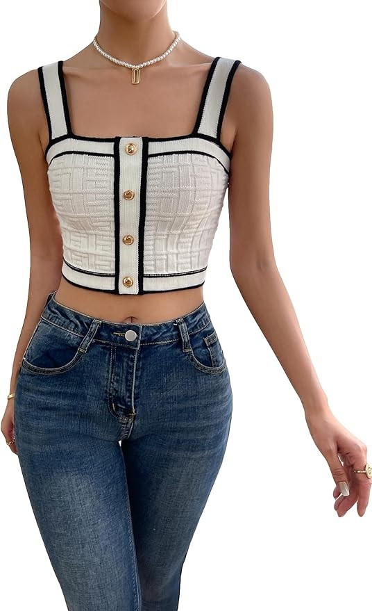 GORGLITTER Women's Knit Tank Top Button Front Square Neck Sleeveless Ribbed Crop Tops | Amazon (US)