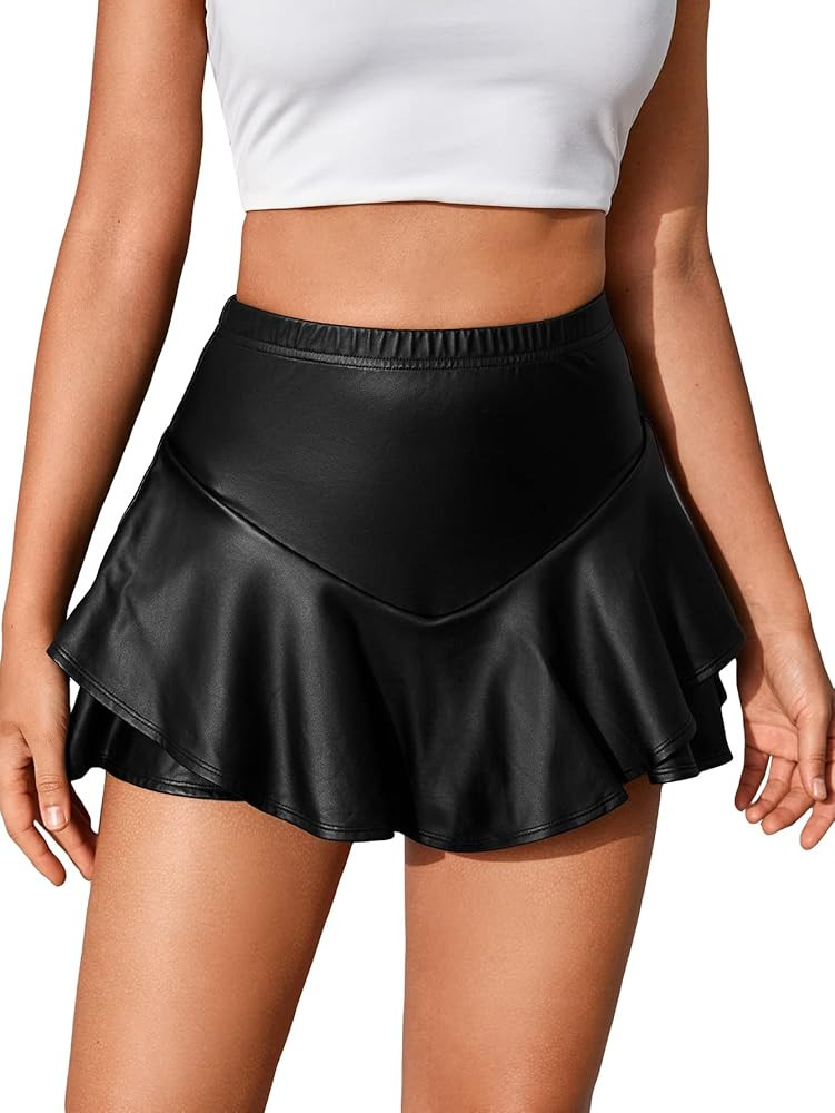 WDIRARA Women's Elastic High Waist Ruffle Hem PU Leather Skort Skirt Shorts | Amazon (US)
